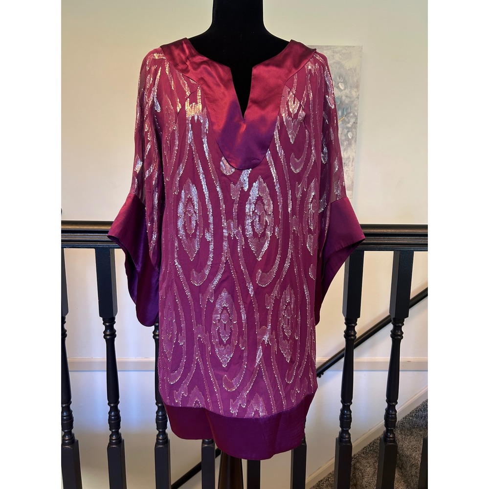 Halston Heritage Silk Metallic Ikat Tunic Dress Magenta Purple Silver Size 6